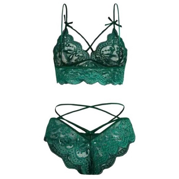 Green Floral Lace Bralette & Panties Lingerie Set Small Adjustable Bra Straps - Picture 7 of 7